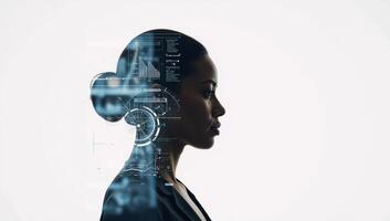 An AIinspired double exposure featuring an African American womans silhouette surrounded by digital charts and graphs photo