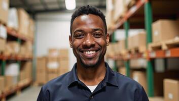Illustration features smiling AfricanAmerican warehouse worker wearing uniform gazes directly into camera photo