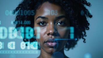 A stunning digitallyinspired double exposure showcases an African American womans radiant features amidst glowing binary code symbolizing the digital age in neon blue hues her curls and piercing gaze photo