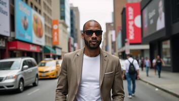 AfricanAmerican man wearing sunglasses in an urban setting photo