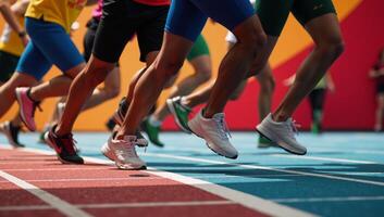 A dynamic scene featuring runners as vibrant moving shadows racing ahead photo