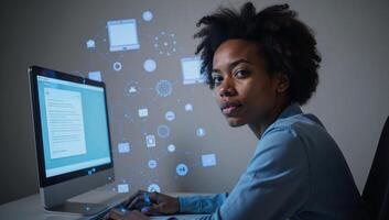 A digital art illustration showcases an AfricanAmerican IT student excelling in coding cybersecurity AI and computer science dreamy abstract patterned for online learning photo