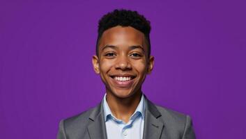 Confident African American teenager with a radiant smile poses in front of a purple studio background symbolizing education and youth with a dash of style photo