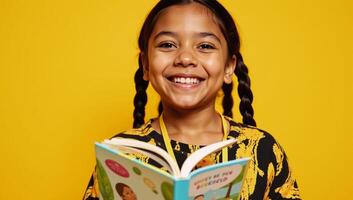 A joyful young Black girl holds a book on a sunny backdrop photo
