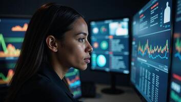 Black AfricanAmerican female IT specialist examines cybersecurity threats through ARAI tech depicted in an abstract collage with focus on her intense analysis side view photo