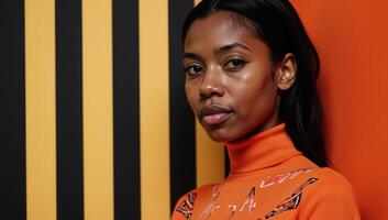 A serious AfricanAmerican female model poses in an orange turtleneck with geometric ornaments against a striped backdrop photo
