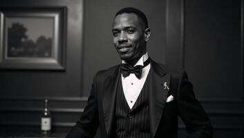 A sepiatoned portrait of a stylish 1920s African American man in dapper attire set against the backdrop of a smoky speakeasy with vintage charm photo