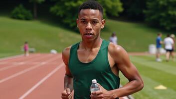 African American athlete depicted with a water bottle on a running track photo