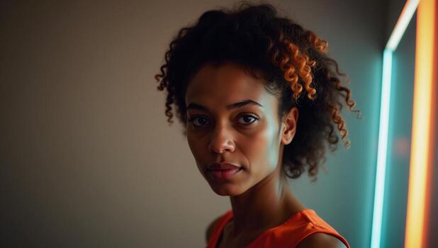 resumen fondo caracteristicas un vibrante africano americano mujer retrato con chinos y naranja acentos iluminado por neón luces diseño encabezamiento foto