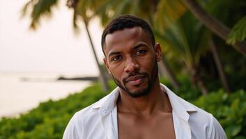 Closeup portrait of an African American man in an open white shirt in Ko Pha Ngan Thailand photo