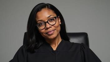 Portrayal of an assertive Black female Judge wearing a black robe photo
