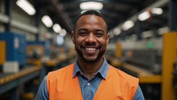 A photorealistic portrait featuring a smiling African American male factory worker in an orange vest amidst industrial backdrop photo