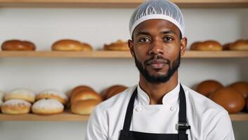 A young black baker dons hairnet apron amidst shelves of fresh pastries gazing seriously into camera photo