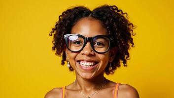 Cheerful AfricanAmerican girl with large glasses exudes confidence amidst a bright yellow backdrop her infectious grin and unique flair convey happiness and selfexpression photo