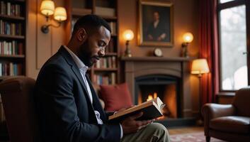 A focused AfricanAmerican man reads in a wintry library ambiance photo