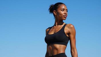 A fitness model poses outdoors against a backdrop of blue sky showcasing her toned defined abdominal muscles photo
