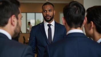 Intense corporate meeting featuring a determined focused African American man in business attire amidst a busy office backdrop photo