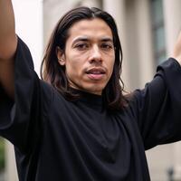 A powerful handsome longhaired Black prophet or savior is depicted with arms raised as an emblem of freedom and African American diversity in the image photo