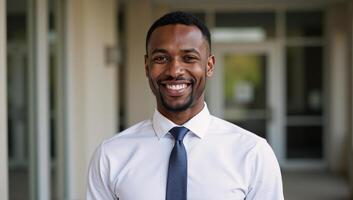 African American Male Student Beaming with Excitement on First Day of College photo
