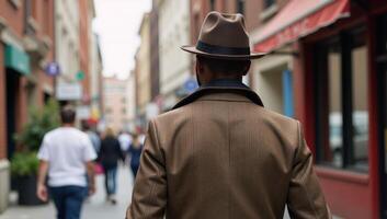 Stylish black man wearing a hat walking down the street back view photo