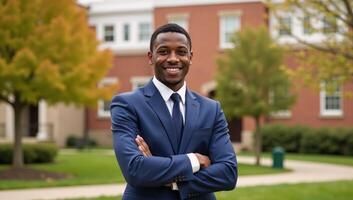 Smiling AfricanAmerican college freshman eagerly begins school days ahead photo