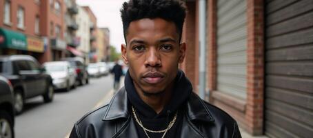 A stylish introspective Gen Z teenager stands alone on a city street with a soulful gaze and urban edge in an outdoor closeup portrait photo
