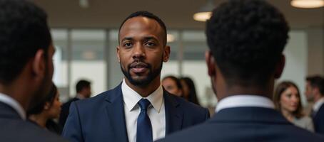 Intense corporate meeting featuring a determined focused African American man in business attire amidst a busy office backdrop photo