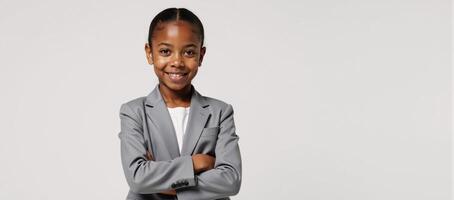 Determined young Black girl stands confidently in a crisp blazer on a white backdrop photo