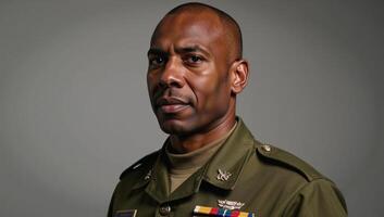 Angled view portrait of a determined AfricanAmerican solider in military uniform photo