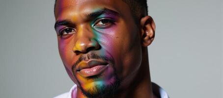 A handsome AfricanAmerican male exhibiting complex feelings illuminated by vibrant abstract lighting photo