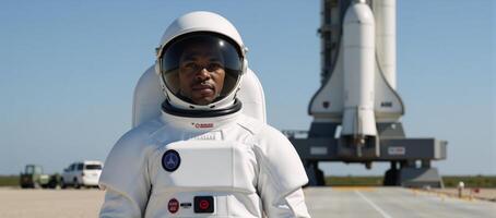 AfricanAmerican astronaut geared up in space suit before launch photo