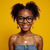 Cheerful AfricanAmerican girl with large glasses exudes confidence amidst a bright yellow backdrop her infectious grin and unique flair convey happiness and selfexpression photo