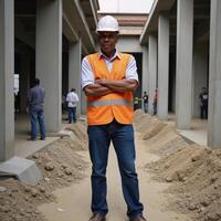 Senior AfricanAmerican construction worker checks building framework amidst busy colleagues photo