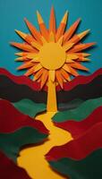 Vivid abstract paper landscape depicting rising sun symbolizing Juneteenths message of African American freedom and independence photo
