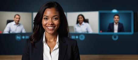 A digitally painted portrait features a confident African American woman leading a remote work team meeting photo