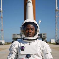 AfricanAmerican astronaut geared up in space suit before launch photo
