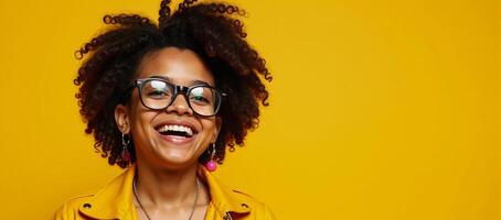 Cheerful AfricanAmerican girl with large glasses exudes confidence amidst a bright yellow backdrop her infectious grin and unique flair convey happiness and selfexpression photo