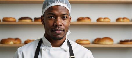 A young black baker dons hairnet apron amidst shelves of fresh pastries gazing seriously into camera photo