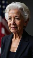 An introspective elderly AfricanAmerican lady gazes off thoughtfully against an American Flag background photo