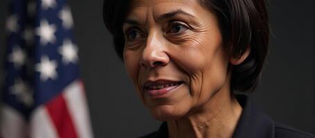 An introspective elderly AfricanAmerican lady gazes off thoughtfully against an American Flag background photo