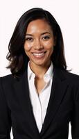 A confident black woman smirks as an isolated businesswoman on a white background photo