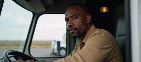 African American truck driver working diligently on the job photo