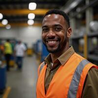 A photorealistic portrait featuring a smiling African American male factory worker in an orange vest amidst industrial backdrop photo