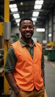 A photorealistic portrait featuring a smiling African American male factory worker in an orange vest amidst industrial backdrop photo
