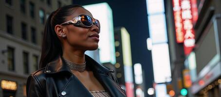 A striking highresolution photo features a bold African American woman donning futuristic goggles and a sleek leather jacket