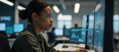 An African American woman works at her desk within a modern ICT environment featuring a sleek futuristic GUI photo