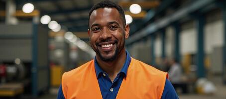 A photorealistic portrait featuring a smiling African American male factory worker in an orange vest amidst industrial backdrop photo
