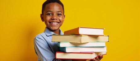 Smiling African American Schoolboy holding books against vibrant yellow backdrop conveys educational enthusiasm photo