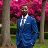 AfricanAmerican Man poses before pink flowered trees wearing a blue suit photo