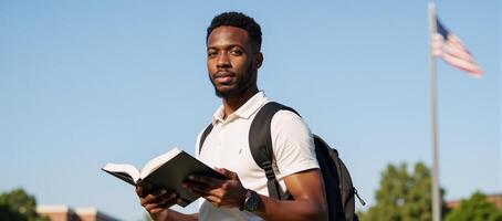A happy AfricanAmerican student stands on an American campus studying with a book and backpack amidst a backdrop of the iconic stars stripes photo